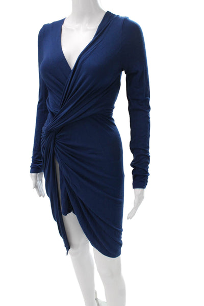 Donna Karan Women Wrap Dress Blue Long Sleeve V-Neck Tie Midi Polyester Size S
