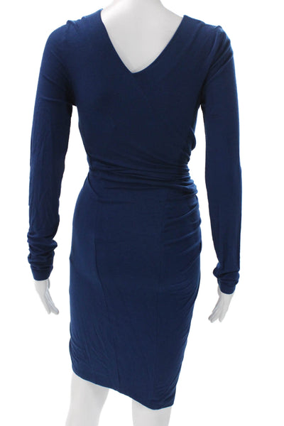 Donna Karan Women Wrap Dress Blue Long Sleeve V-Neck Tie Midi Polyester Size S