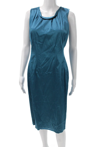 Lida Baday Women Sheath Dress Blue Cotton Cowl Neck Sleeveless Zip Midi Size 8