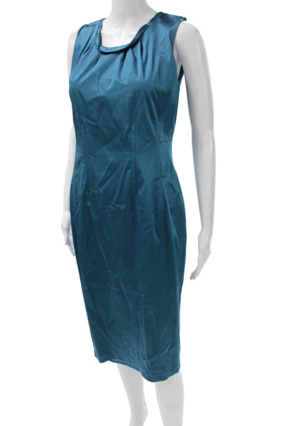 Lida Baday Women Sheath Dress Blue Cotton Cowl Neck Sleeveless Zip Midi Size 8