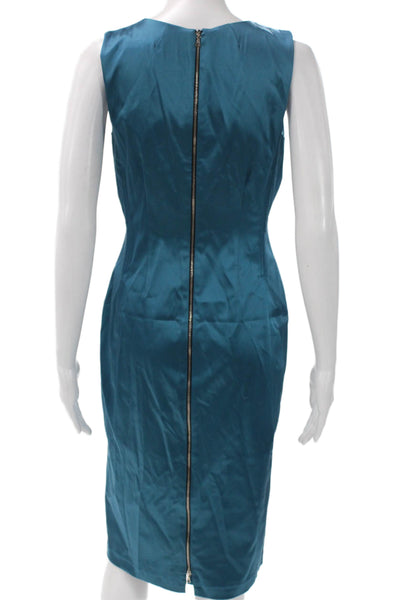 Lida Baday Women Sheath Dress Blue Cotton Cowl Neck Sleeveless Zip Midi Size 8