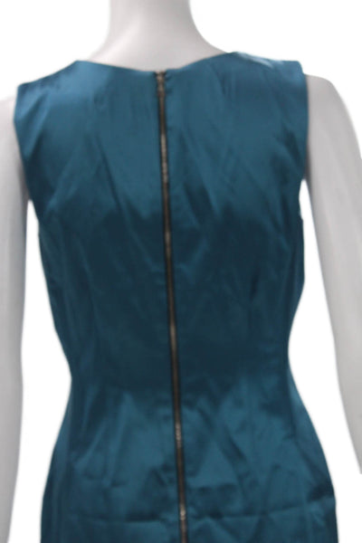 Lida Baday Women Sheath Dress Blue Cotton Cowl Neck Sleeveless Zip Midi Size 8