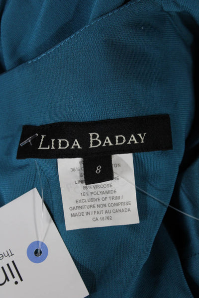 Lida Baday Women Sheath Dress Blue Cotton Cowl Neck Sleeveless Zip Midi Size 8
