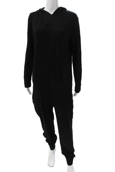 Monrow Women Jumpsuit Black Cotton Blend High Neck Long Sleeve Zip Size L