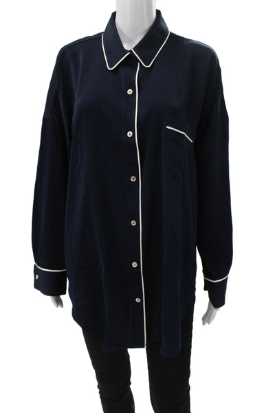 Negative Womens Basic Collared Button Pajama Top Blue Long Sleeve Size XL