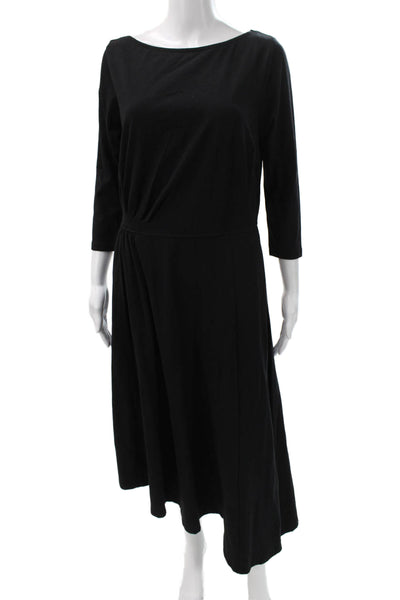 eShakti Women A-Line Black Cotton Mid-Calf Boat Neck 3/4 Sleeve Dress Size L