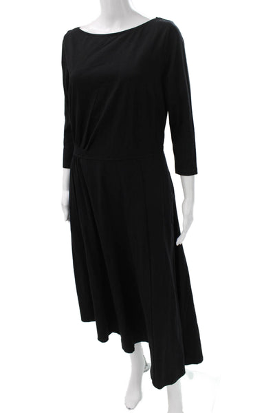 eShakti Women A-Line Black Cotton Mid-Calf Boat Neck 3/4 Sleeve Dress Size L