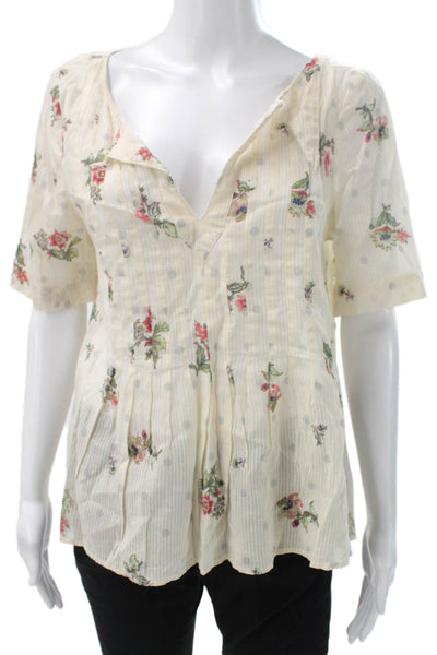 Maeve Anthropologie Women Tunic Floral VNeck Cotton Blend Pullover Ivory Size S