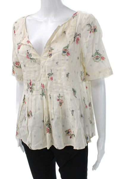 Maeve Anthropologie Women Tunic Floral VNeck Cotton Blend Pullover Ivory Size S