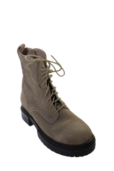 Zara Womens Block Heel Side Zip Lace Up Suede Combat Boots Brown Size 36