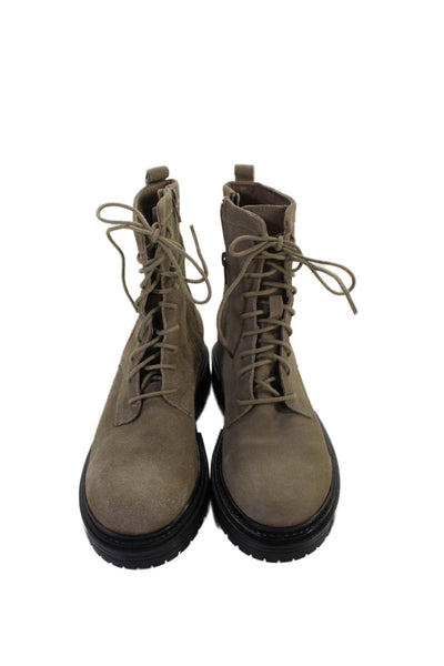 Zara Womens Block Heel Side Zip Lace Up Suede Combat Boots Brown Size 36