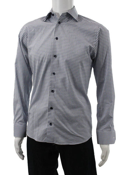 Eton Mens Cotton Plaid Print Button Down Shirt Blue Size 38