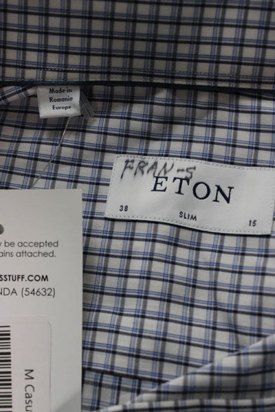 Eton Mens Cotton Plaid Print Button Down Shirt Blue Size 38