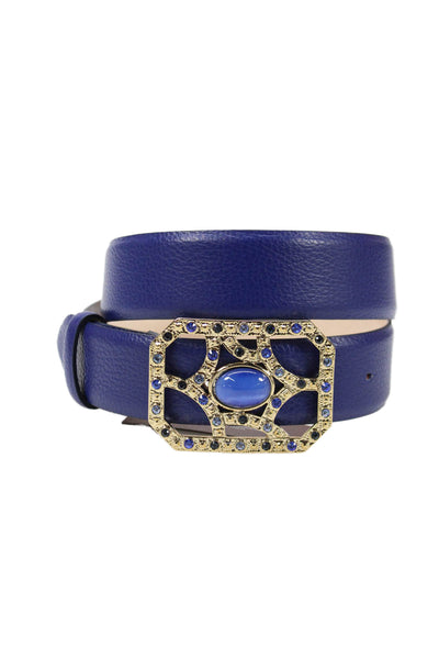 Tardini Womens Genuine Leather 1.5" Width Embellished Buckle Belt Blue Sz 34