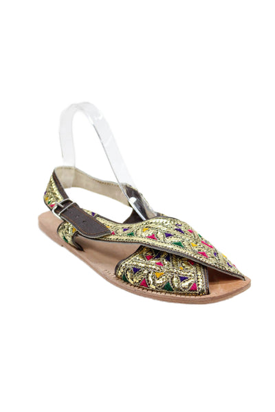 Designer Womens Embroidered Metallic Slingback Sandals Gold Multi Size 11