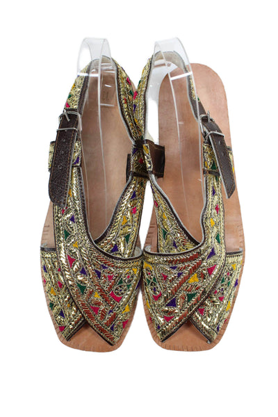 Designer Womens Embroidered Metallic Slingback Sandals Gold Multi Size 11