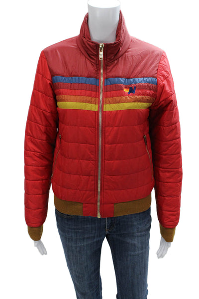 Aviator Nation Womens Puffer Jacket Red Striped Nylon Zip Size XS