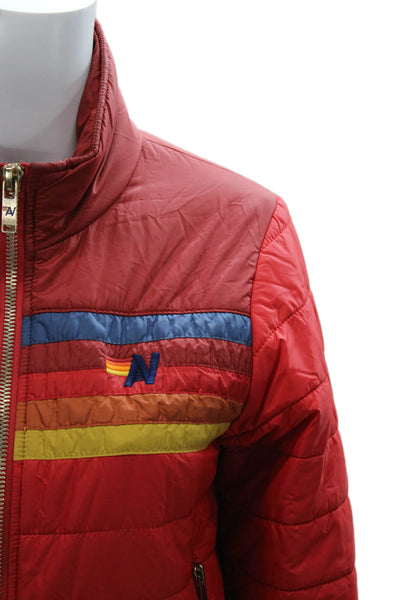 Aviator Nation Womens Puffer Jacket Red Striped Nylon Zip Size XS
