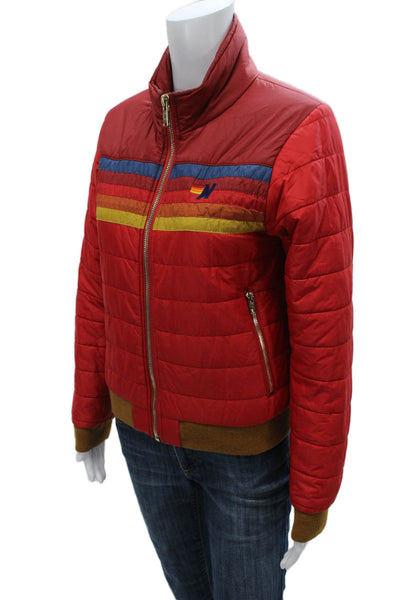 Aviator Nation Womens Puffer Jacket Red Striped Nylon Zip Size XS
