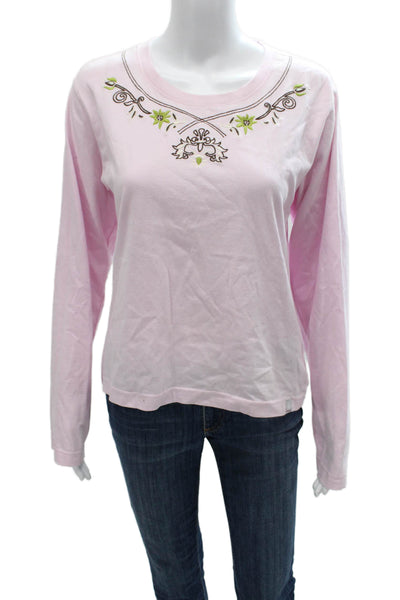 Bogner Womens Pink Floral Cotton Basic T-Shirt Long Sleeve Round Neck Size L