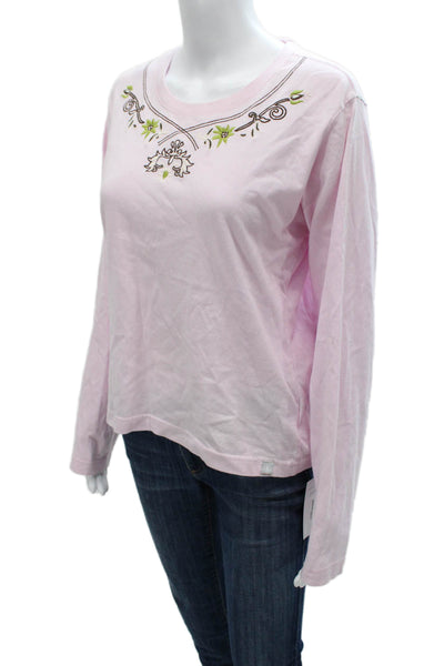 Bogner Womens Pink Floral Cotton Basic T-Shirt Long Sleeve Round Neck Size L