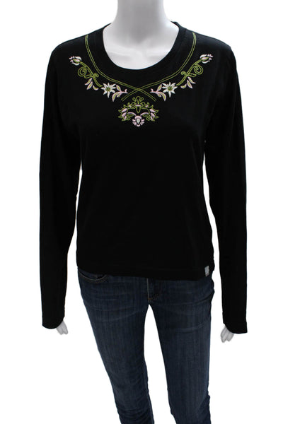 Bogner Womens Black Floral Cotton Round Neck Long Sleeve Basic T-Shirt Size M