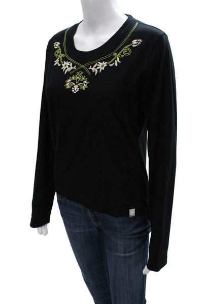 Bogner Womens Black Floral Cotton Round Neck Long Sleeve Basic T-Shirt Size M