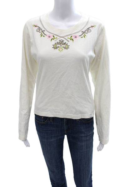 Bogner Women Basic Floral Cotton Crew Neck Long Sleeve T-Shirt Ivory Size M