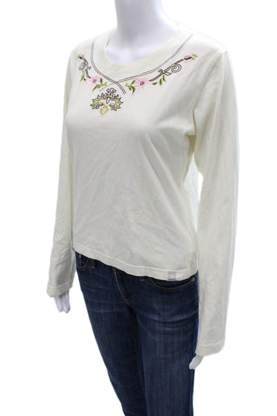 Bogner Women Basic Floral Cotton Crew Neck Long Sleeve T-Shirt Ivory Size M