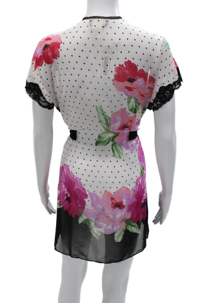 In Bloom by Jonquil Womens Lace Trim Polka Dot Floral Top White Pink Small