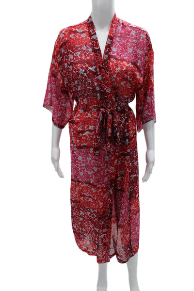 Josie Natori Womens Short Sleeve Floral Printed Wrap Robe Pink Red Size XS