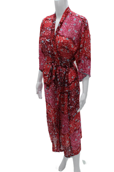 Josie Natori Womens Short Sleeve Floral Printed Wrap Robe Pink Red Size XS