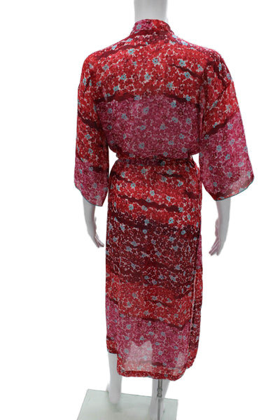 Josie Natori Womens Short Sleeve Floral Printed Wrap Robe Pink Red Size XS