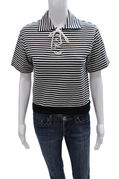 La Ligne Women Cropped Striped Collared Polo Short Sleeve Black Size 0