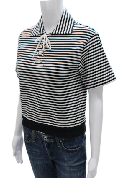 La Ligne Women Cropped Striped Collared Polo Short Sleeve Black Size 0
