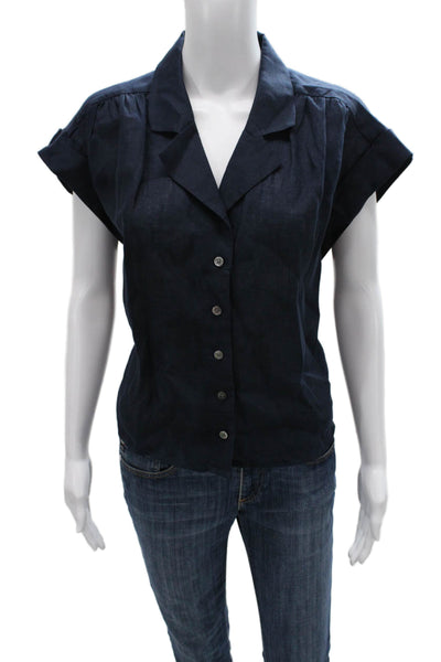 Veronica Beard Women Linen Collared Short Sleeve Button-Up Blue Size M