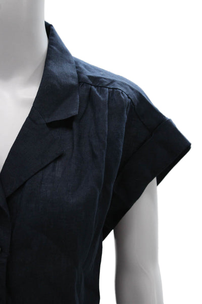 Veronica Beard Women Linen Collared Short Sleeve Button-Up Blue Size M