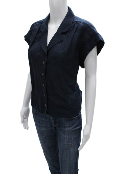 Veronica Beard Women Linen Collared Short Sleeve Button-Up Blue Size M