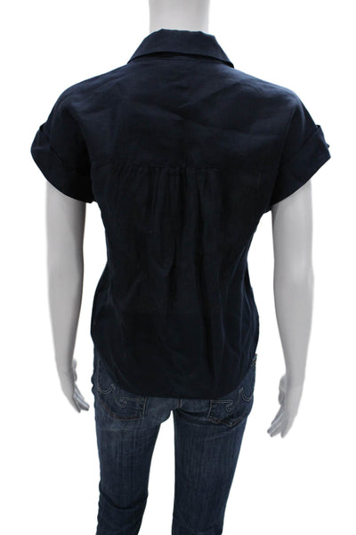 Veronica Beard Women Linen Collared Short Sleeve Button-Up Blue Size M