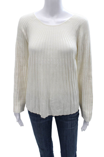 Loulou Studio Women White Linen Striped Scoop Neck Sweater Size M