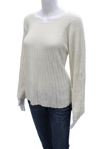 Loulou Studio Women White Linen Striped Scoop Neck Sweater Size M