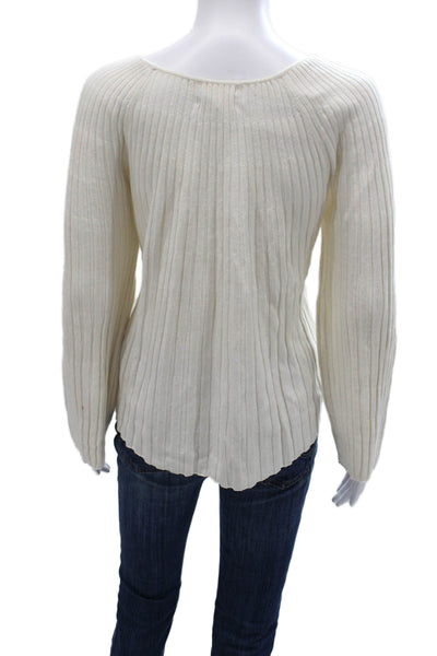 Loulou Studio Women White Linen Striped Scoop Neck Sweater Size M