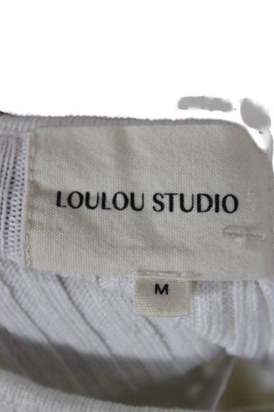 Loulou Studio Women White Linen Striped Scoop Neck Sweater Size M