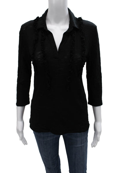 Goldie Women Basic Collared 3/4 Sleeve Black Pima Cotton Blouse Size S