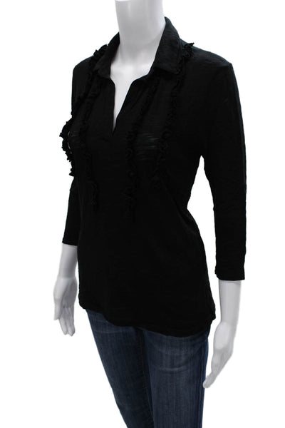 Goldie Women Basic Collared 3/4 Sleeve Black Pima Cotton Blouse Size S
