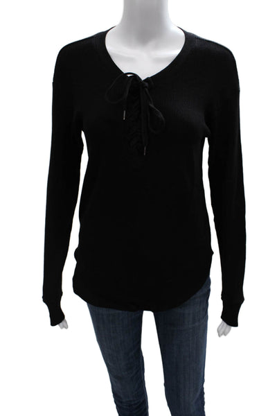Splendid Women Black V-Neck Lace Up Long Sleeve T-Shirt MicroModal Size XS