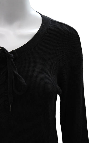 Splendid Women Black V-Neck Lace Up Long Sleeve T-Shirt MicroModal Size XS