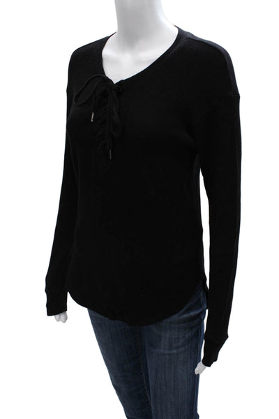 Splendid Women Black V-Neck Lace Up Long Sleeve T-Shirt MicroModal Size XS