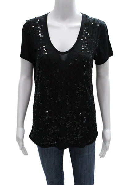 Tory Burch Women Black Modal V-Neck Basic T-Shirt Short Sleeve Size XS