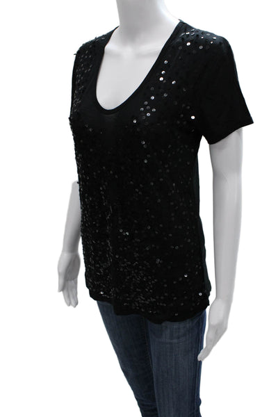 Tory Burch Women Black Modal V-Neck Basic T-Shirt Short Sleeve Size XS